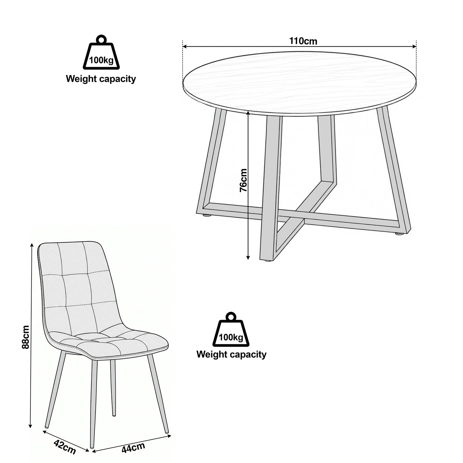 [Light Grey Velvet]  Kyvon round dining table set size guide with table and chair dimensions