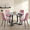 [Pink Velvet] Kyvon round dining table set with 4 pink velvet chairs in a styled dining space