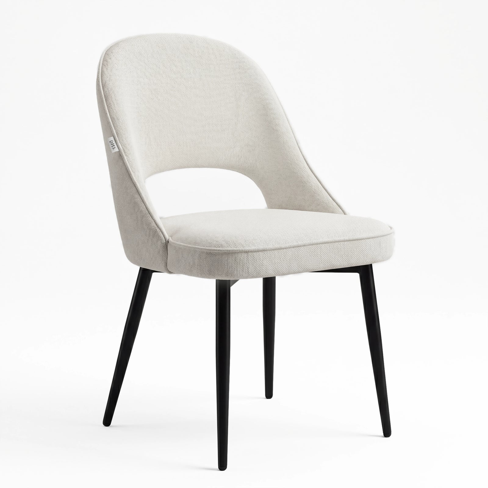 [Cream | Clear] Kyvon cream upholstered fabric comfy curve chair angled view with rounded back and cushioned seat