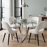 [Cream | Clear] Kyvon round glass dining set with 110cm round table, chrome legs and 4 cream chairs in a dining room