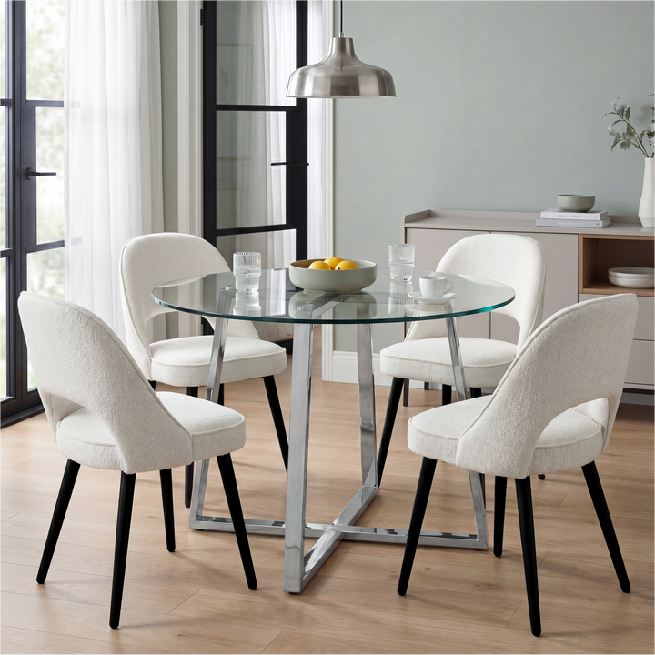 [Cream | Clear] Kyvon round glass dining set with 110cm round table, chrome legs and 4 cream chairs in a dining room