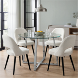 [Cream] Kyvon round glass dining set with 110cm round table, chrome legs and 4 cream chairs in a dining room