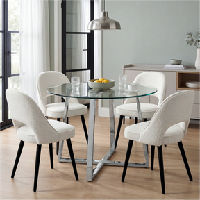 [Cream] Kyvon round glass dining set with 110cm round table, chrome legs and 4 cream chairs in a dining room