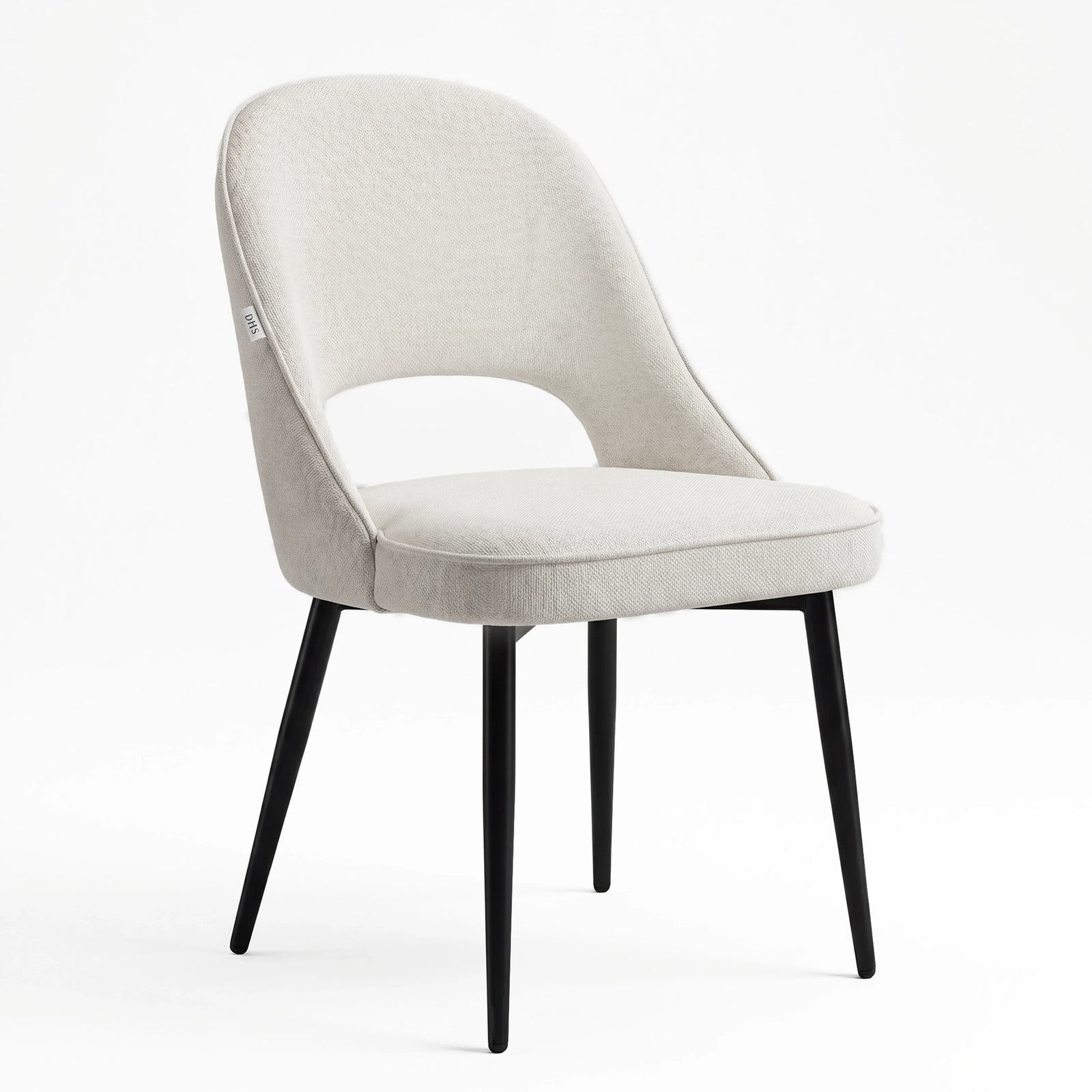 [Cream | Tinted] Kyvon cream upholstered fabric comfy dining chair angled view with black metal legs