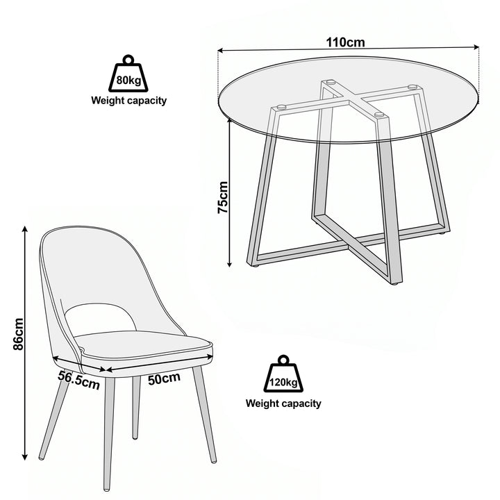 [Cream | Tinted] Kyvon size guide graphic showing 110cm round tabletop x 75H and chair 50W x 56.5D x 86H cm