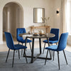 [Blue | Dark Wood] Kyvon round dining table set with 4 blue velvet chairs in an arched dining room