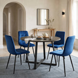 [Blue | Dark Wood] Kyvon round dining table set with 4 blue velvet chairs in an arched dining room