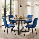 [Blue | Dark Wood] Kyvon round dining table set with 4 blue velvet chairs in a bright dining room