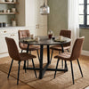 [Brown | Dark Wood] Kyvon round dining table set with 4 brown suede chairs in a dining room