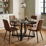 [Brown | Dark Wood] Kyvon round dining table set with 4 brown suede chairs in a dining room