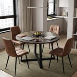 [Brown | Dark Wood] Kyvon round dining table set with 4 brown suede chairs in a kitchen dining space