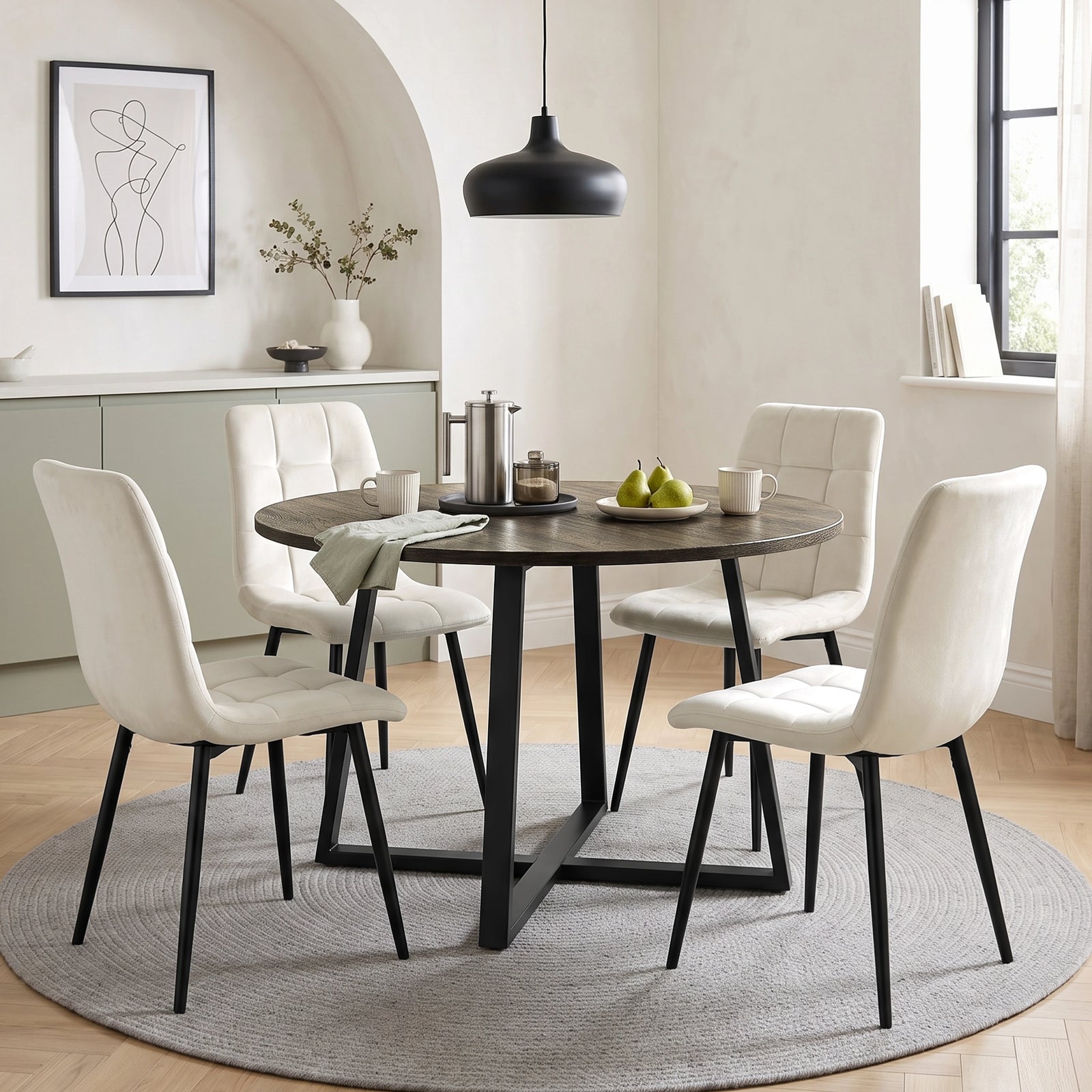 [Cream | Dark Wood] Kyvon round dining table set with 4 cream velvet chairs in an arched dining room