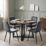 [Dark Grey | Dark Wood] Kyvon round dining table set with 4 dark grey velvet chairs in a dining room