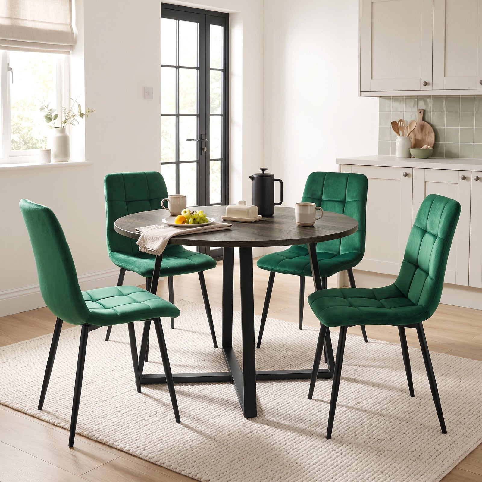 [Green | Dark Wood] Kyvon round dining table set with 4 green velvet chairs in a kitchen dining space