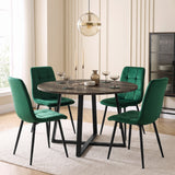 [Green | Dark Wood] Kyvon round dining table set with 4 green velvet chairs in a modern dining room