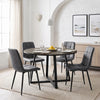 [Grey | Dark Wood] Kyvon round dining table set with 4 grey suede chairs in an arched dining room