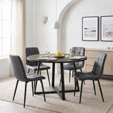 [Grey | Dark Wood] Kyvon round dining table set with 4 grey suede chairs in an arched dining room
