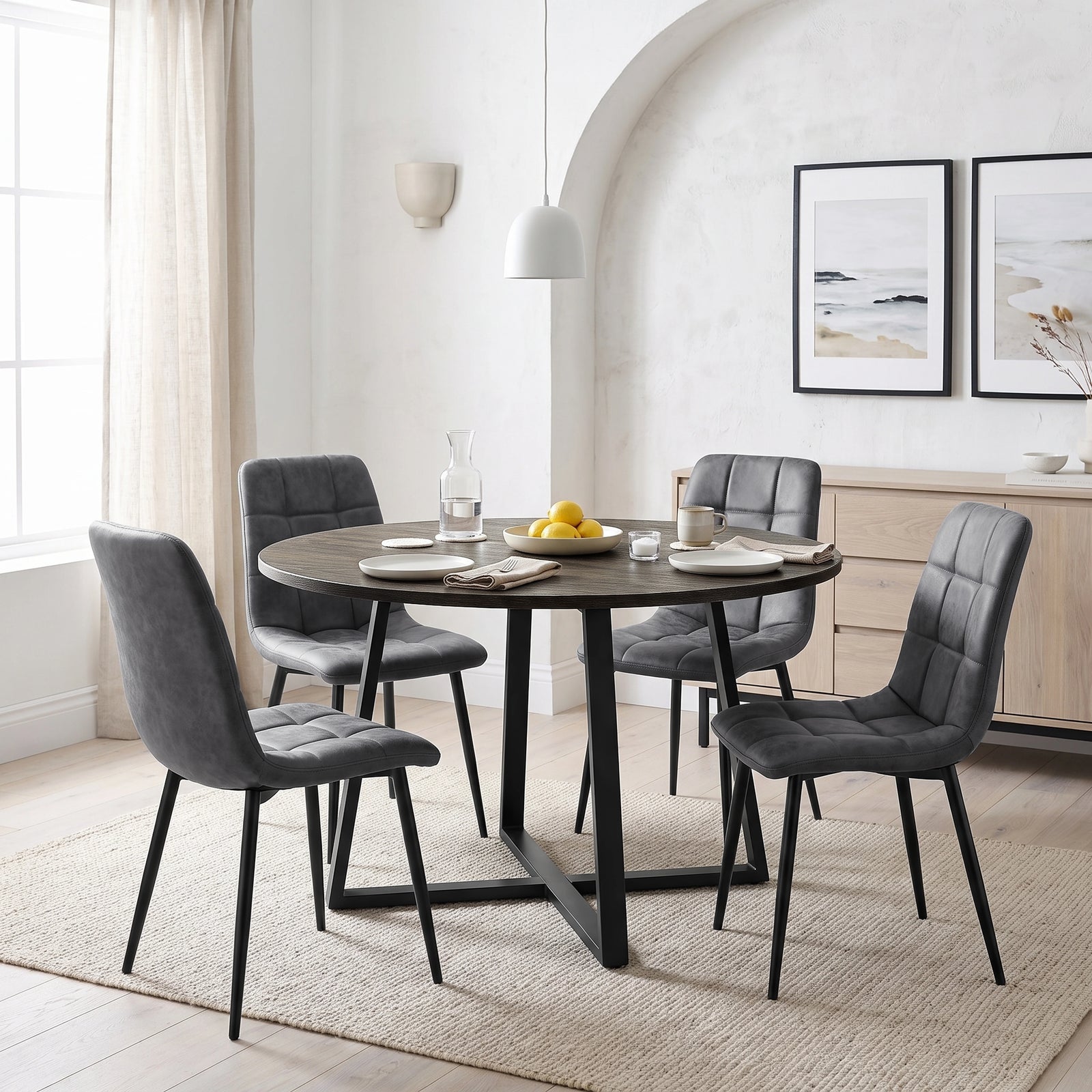 [Grey | Dark Wood] Kyvon round dining table set with 4 grey suede chairs in an arched dining room