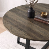 [Grey | Dark Wood] Close-up of Kyvon round dining table set's dark wood tabletop and black base
