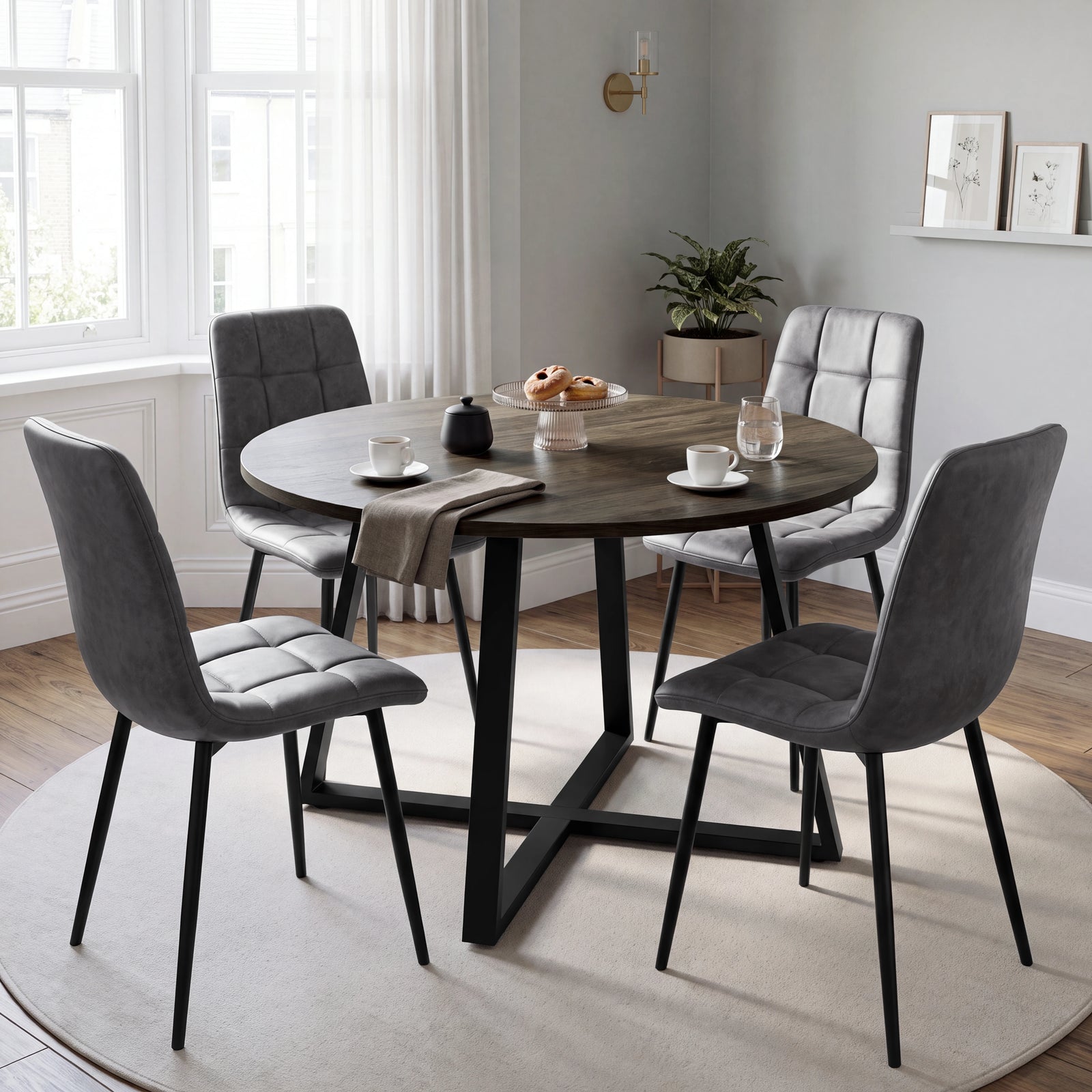 [Grey | Dark Wood] Kyvon round dining table set with 4 grey suede chairs in a windowed dining room