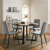 [Light Grey | Dark Wood] Kyvon round dining table set with 4 light grey velvet chairs in a bright dining room