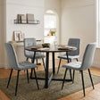 [Light Grey | Dark Wood] Kyvon round dining table set with 4 light grey velvet chairs in a bright dining room