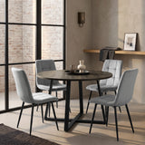 [Light Grey | Dark Wood] Kyvon round dining table set with 4 light grey velvet chairs in a windowed dining room