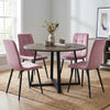 [Pink | Dark Wood] Kyvon round dining table set with 4 pink velvet chairs in a windowed dining room