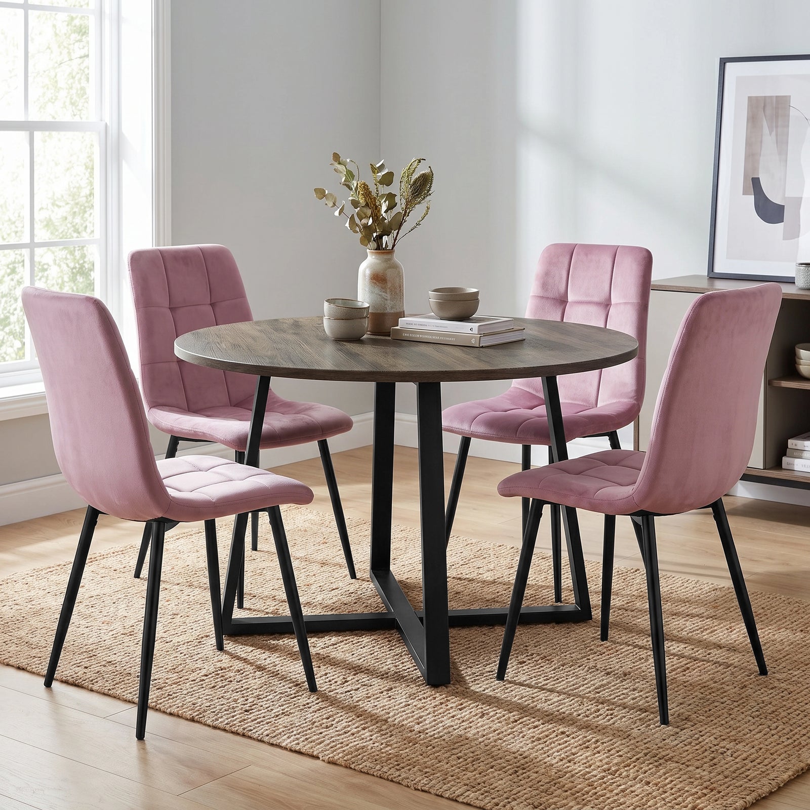 [Pink | Dark Wood] Kyvon round dining table set with 4 pink velvet chairs in a windowed dining room