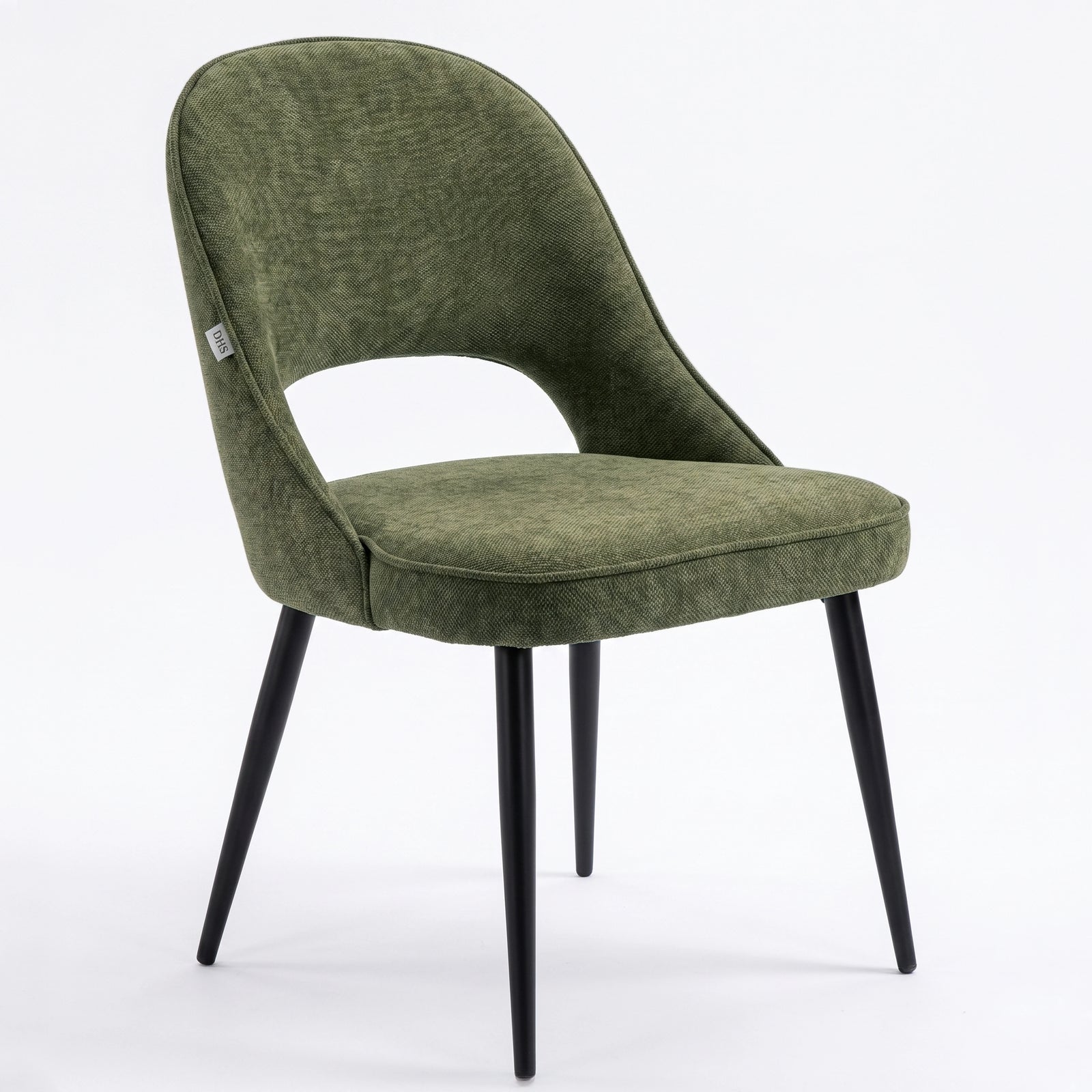 [Green | Clear] Kyvon green upholstered fabric comfy curve chair angled view with rounded back and cushioned seat