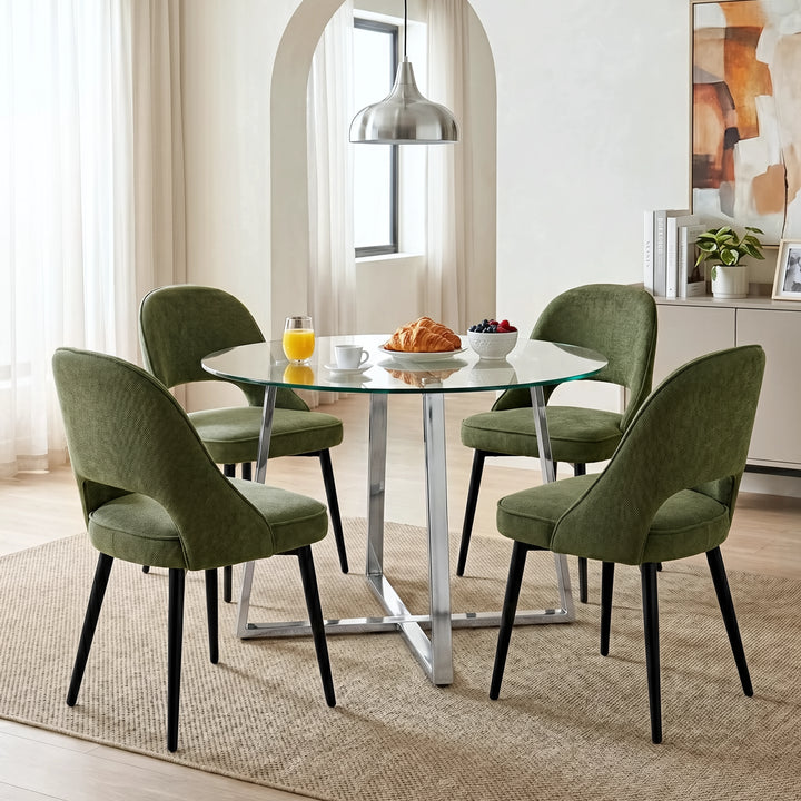 [Green | Clear] Kyvon round glass dining set with 110cm round table, chrome legs and 4 green chairs in a dining room