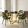 [Green | Tinted] Kyvon 4 seater round glass dining set with Tinted tabletop, gold legs and green chairs in a dining room