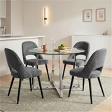 [Grey | Clear] Kyvon round glass dining set with 110cm round table, chrome legs and 4 grey chairs in a dining room