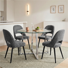 [Grey | Clear] Kyvon round glass dining set with 110cm round table, chrome legs and 4 grey chairs in a dining room
