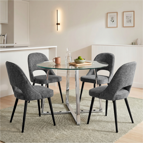 [Grey] Kyvon round glass dining set with 110cm round table, chrome legs and 4 grey chairs in a dining room