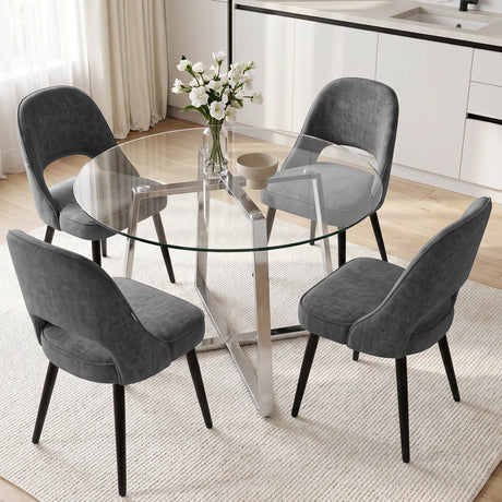 [Grey] Kyvon round glass dining set with chrome legs and 4 grey chairs in a bright white kitchen