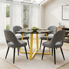 [Grey | Tinted] Kyvon 4 seater round glass dining set with Tinted tabletop, gold legs and grey chairs in a dining room