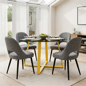 [Grey | Tinted] Kyvon 4 seater round glass dining set with Tinted tabletop, gold legs and grey chairs in a dining room