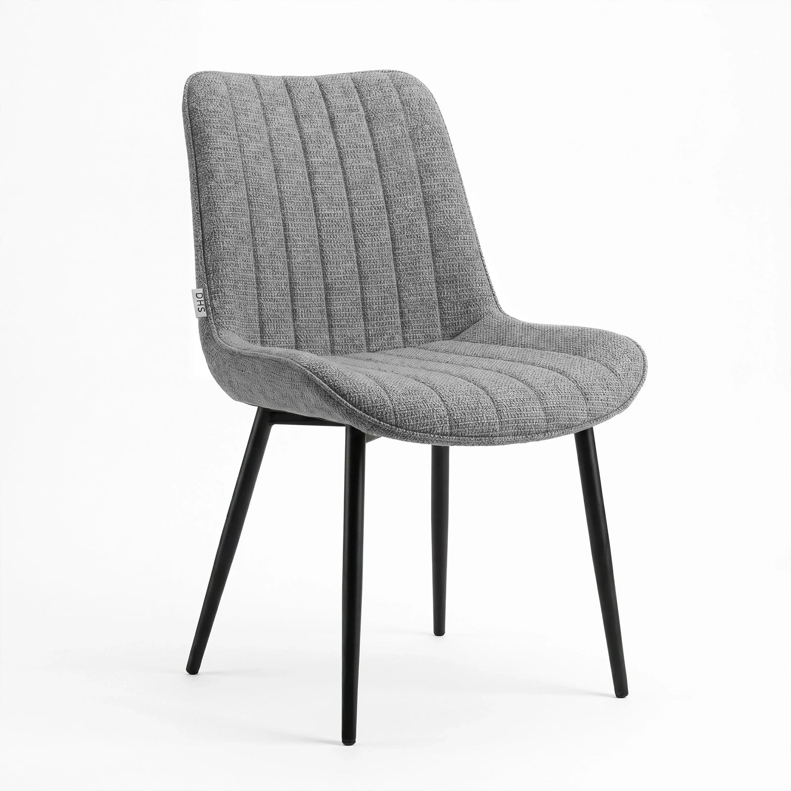 [Grey] Kyvon grey upholstered fabric vertical dining chair angled view with black metal legs