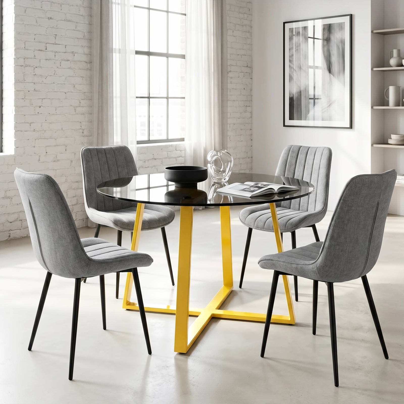 [Vertical Grey | Tinted] Kyvon 4 seater round glass dining set with 4 grey chairs in a dining room