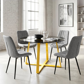 [Vertical Grey | Tinted] Kyvon 4 seater round glass dining set with 4 grey chairs in a dining room