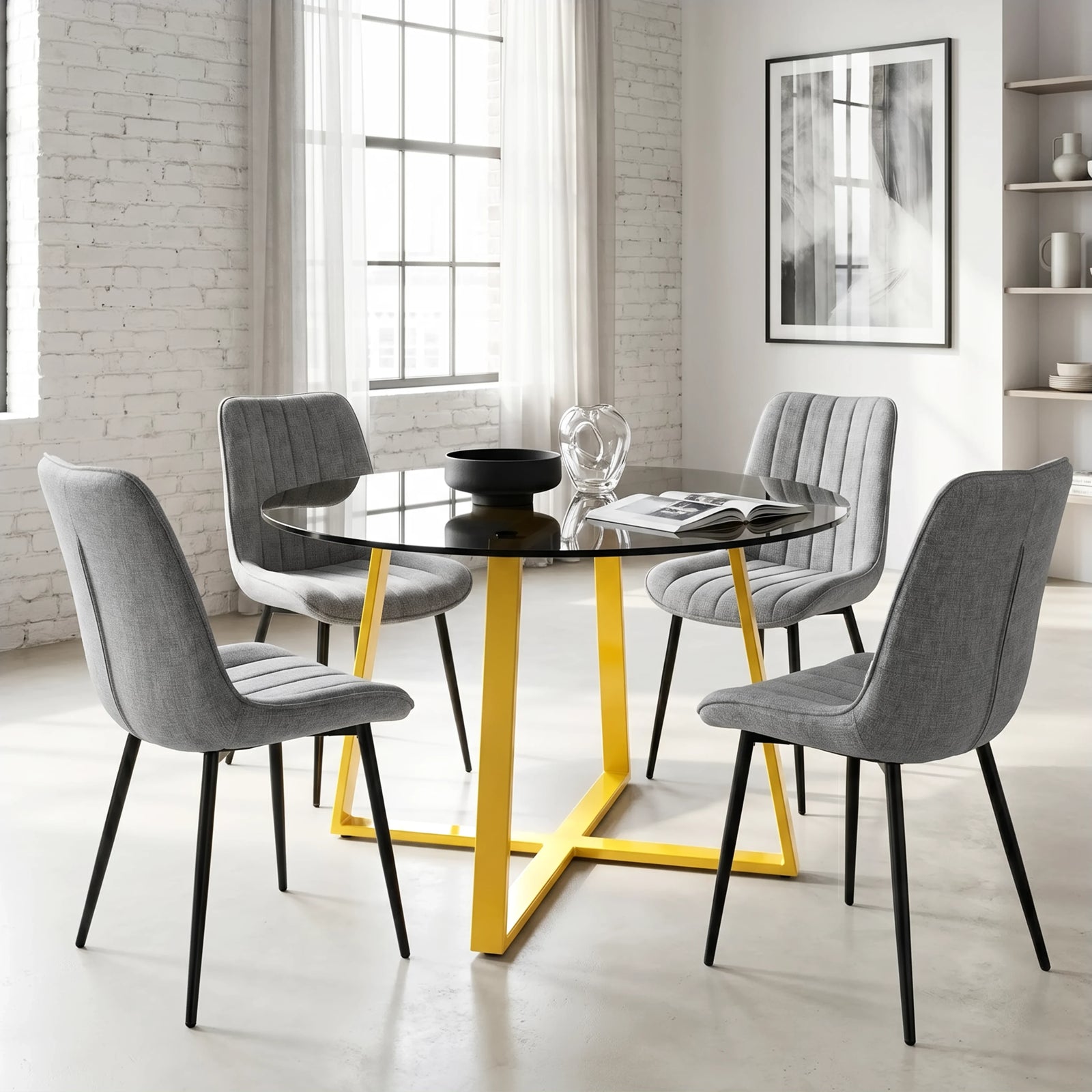 [Grey] Kyvon 4 seater round glass dining set with 4 grey chairs in a dining room