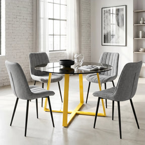[Grey] Kyvon 4 seater round glass dining set with 4 grey chairs in a dining room