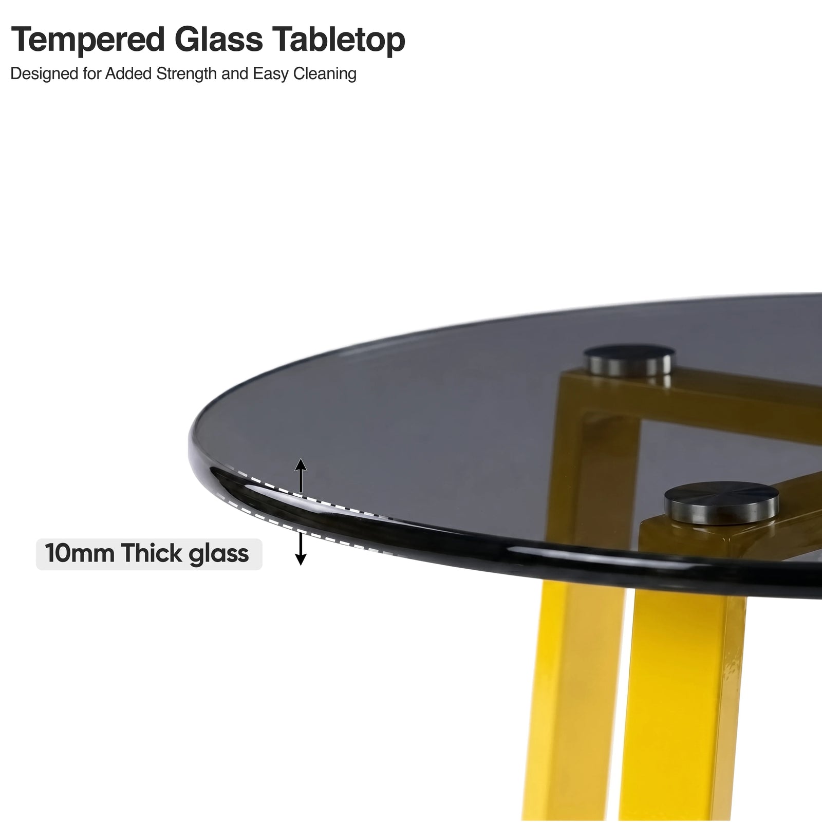 [Grey] Kyvon tabletop detail graphic; text reads "Tempered Glass Tabletop" and "10mm Thick glass"