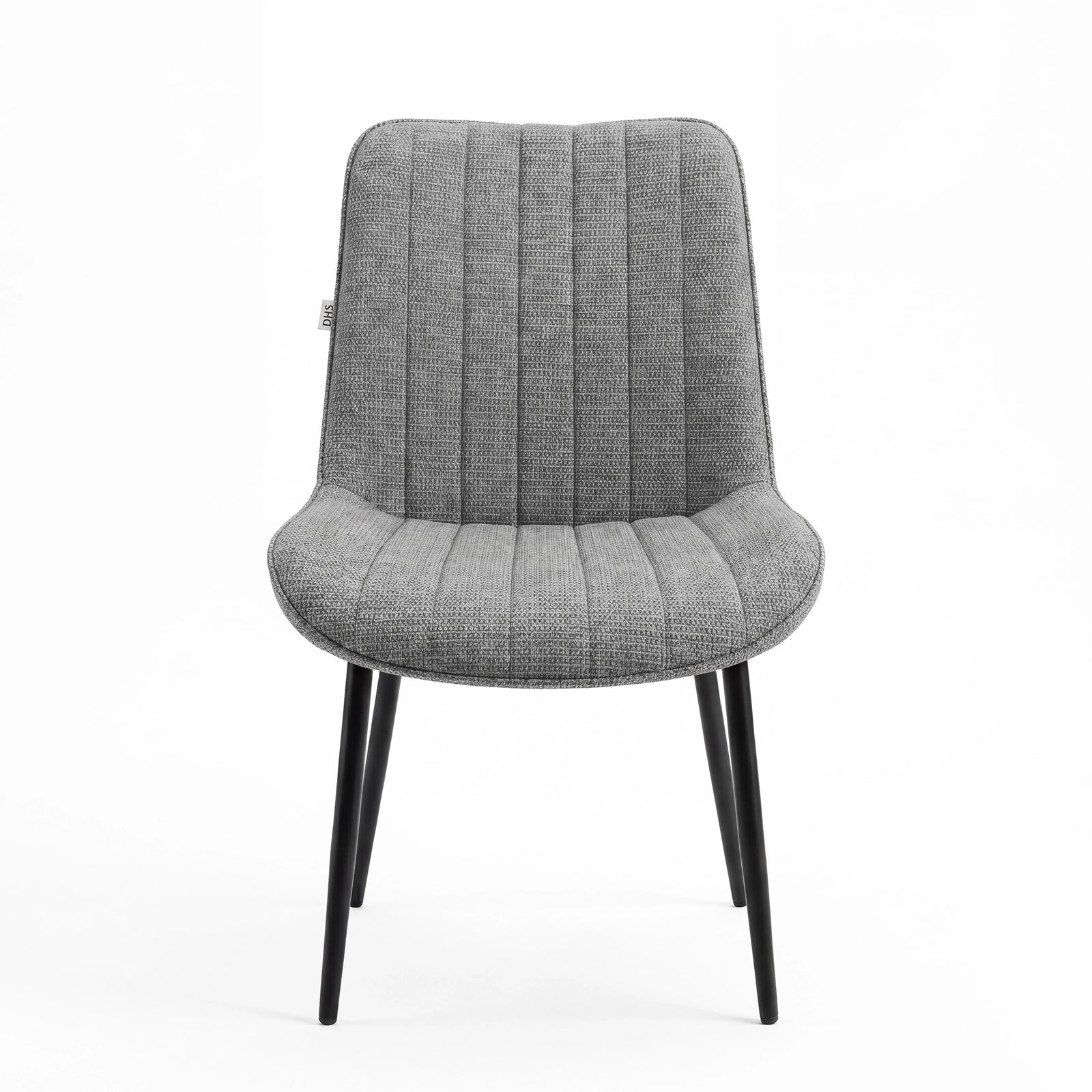 [Vertical Grey | Clear] Kyvon grey upholstered fabric channeled stitched dining chair front view with black metal legs