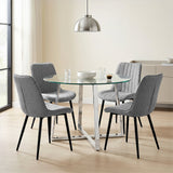 [Vertical Grey | Clear] Kyvon dining set with 110cm round table, chrome legs and 4 grey chairs in dining room