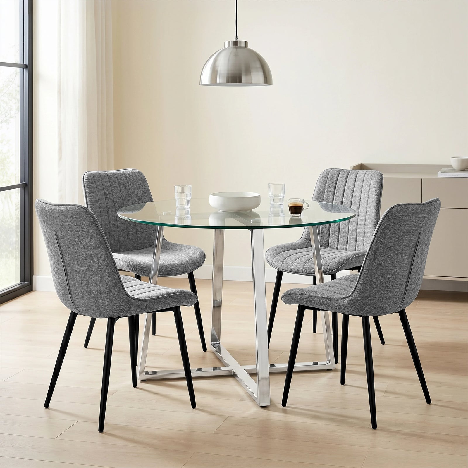 [Vertical Grey | Clear] Kyvon dining set with 110cm round table, chrome legs and 4 grey chairs in dining room