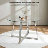 [Vertical Grey | Clear] Kyvon 110cm round glass table graphic; text reads "Premium Glass top, Stylish Chrome Finish Legs"