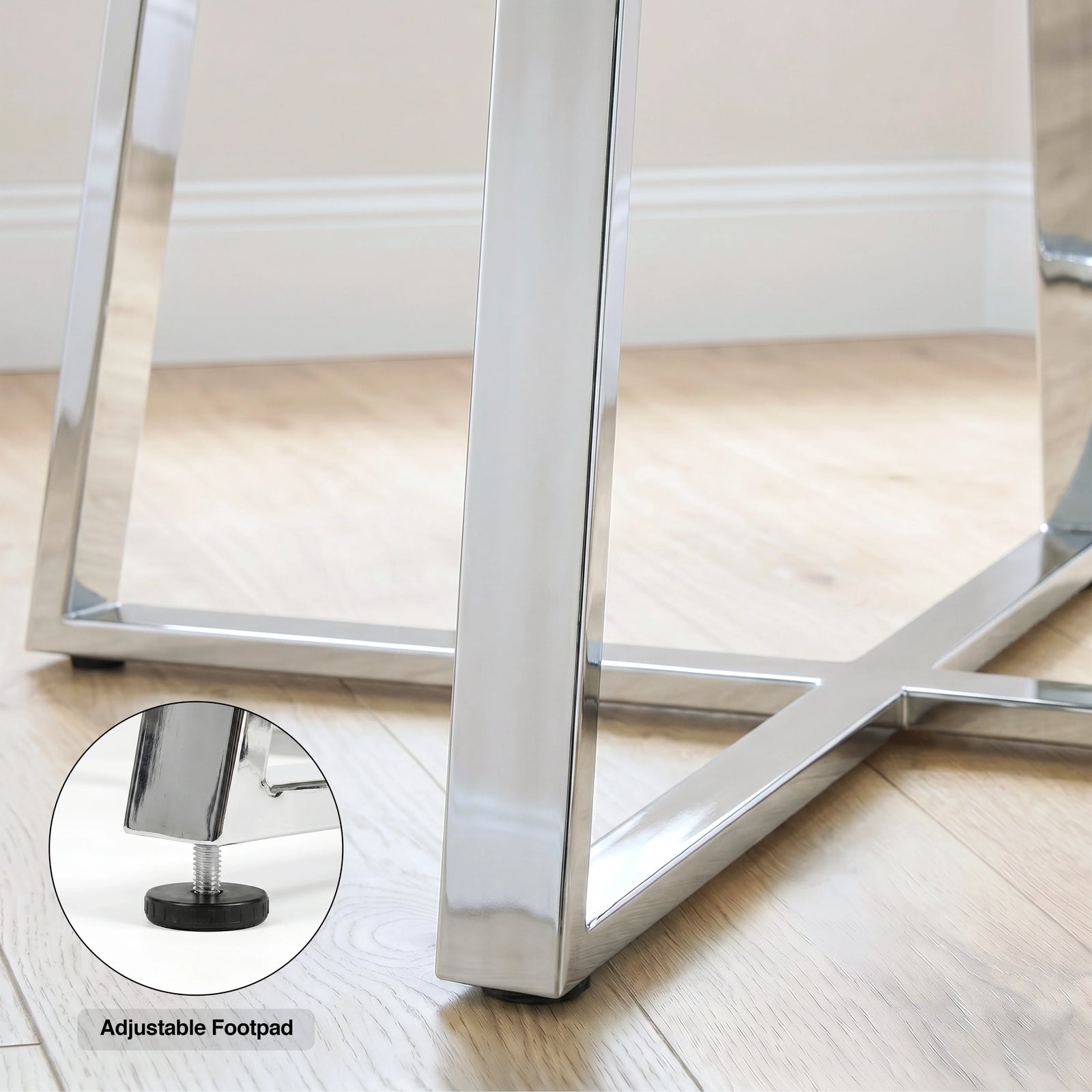 [Vertical Grey | Clear] Kyvon chrome finish table legs close-up graphic with inset text reading "Adjustable Footpad"