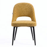 [Mustard | Clear] Kyvon mustard upholstered fabric comfy curve chair front view with rounded back and cushioned seat